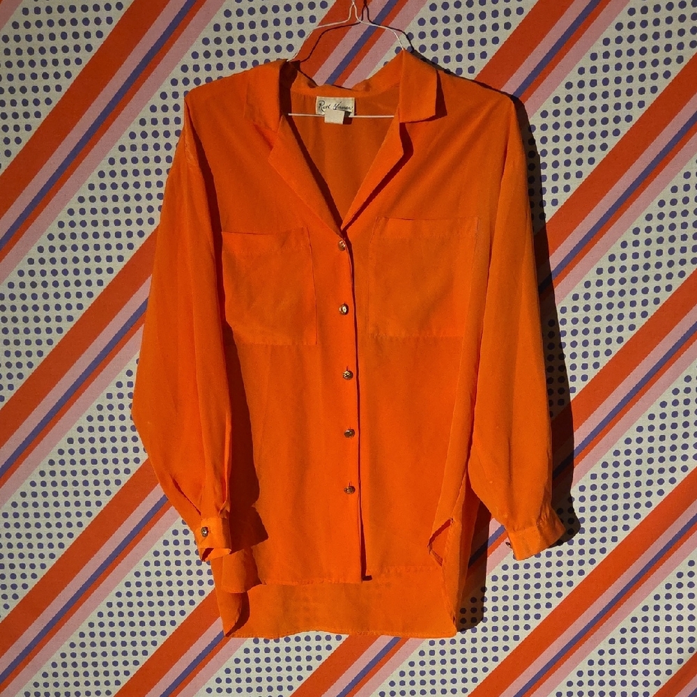 Vintage 1980s Ruth Norman Orange‎ Blouse Long Sleeve Button Up Shirt Womens M